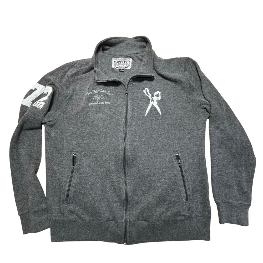 Marc Ecko Cut & Sew Mens Gray Full Zip Sweater L Mock Neck Scissors Logo Pockets